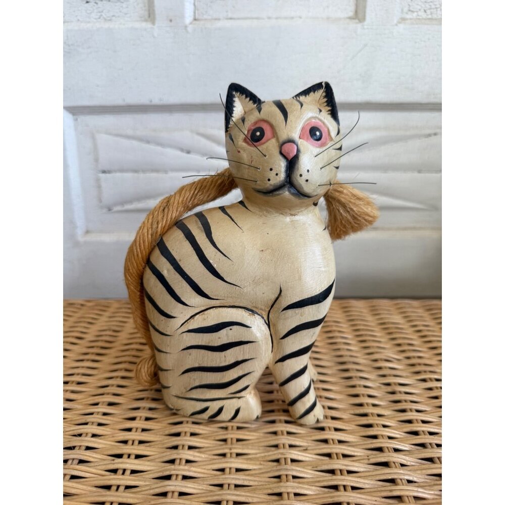 Vintage 90's Folk Art Wood Cat Yellow Black Stripes Jute Rope Tail
